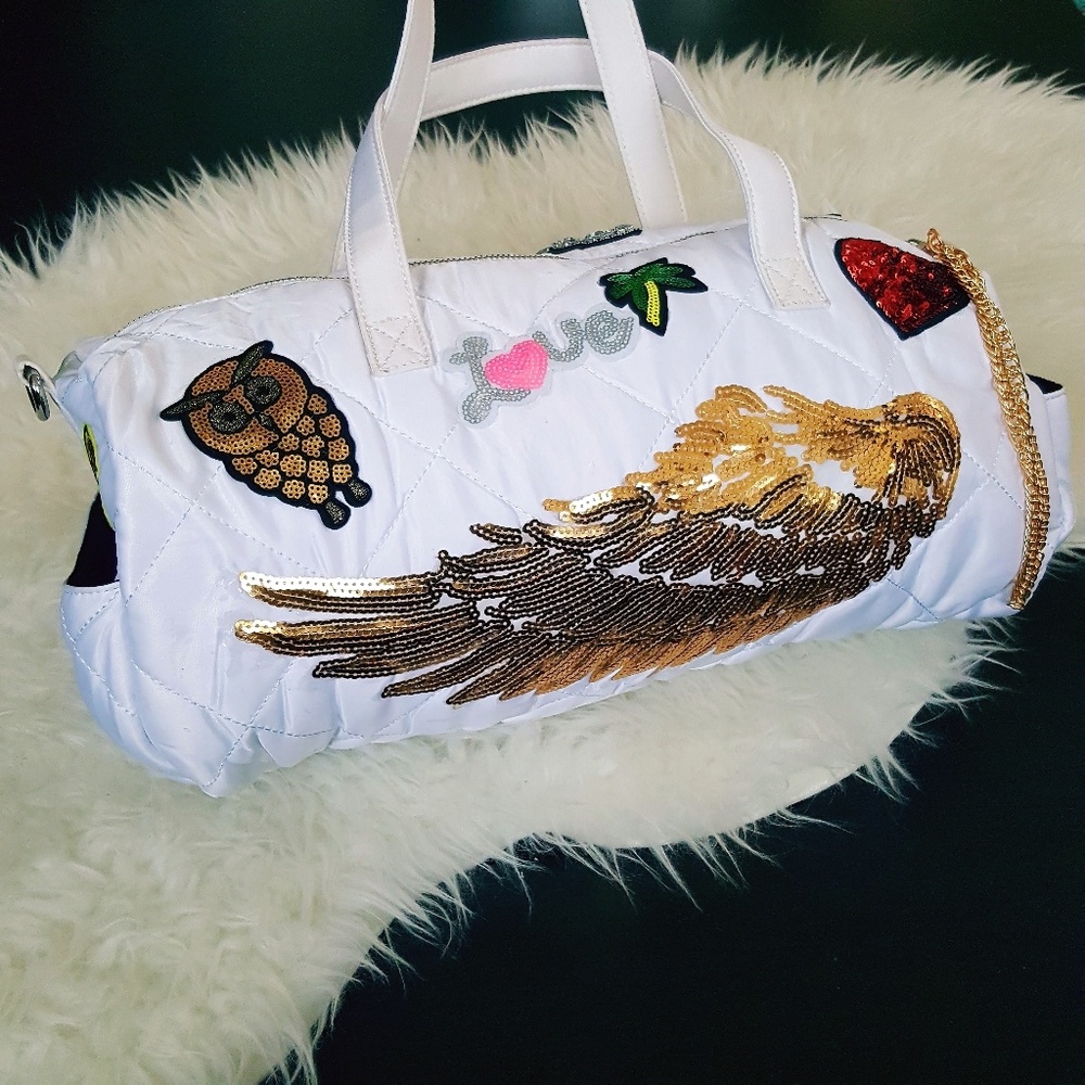 White Satchel/ Mini Duffle Glam Bag Sequin Patches